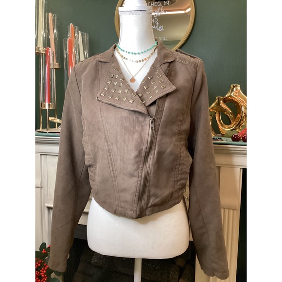 GB Jackets & Blazers - GB Studded Faux Suede Moto Jacket Women M Brown NWT Cropped Biker